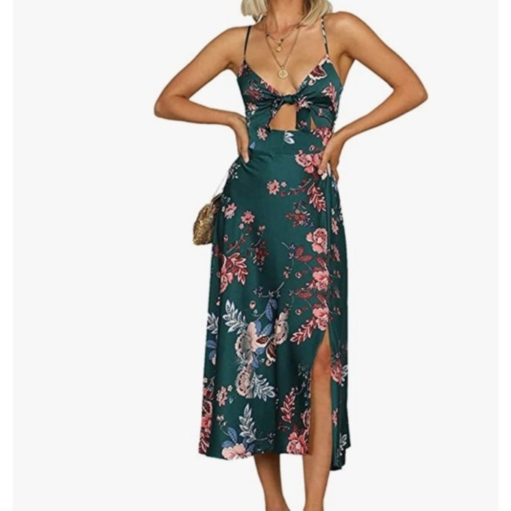 Floral Tie Front Cutout Midi Dress Womens S Green Summer Boho Tropical Wedding